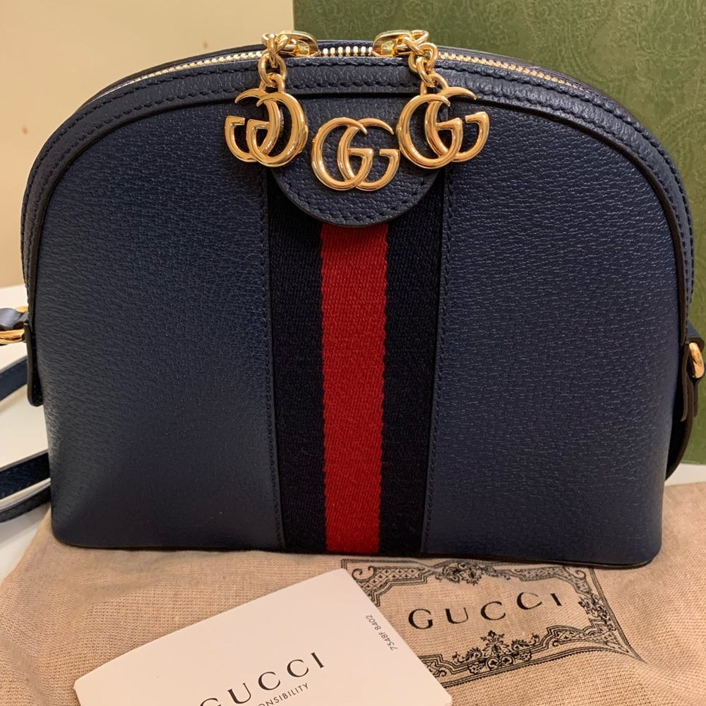 SOLDGucci Navy Blue Leather Ophidia Small Shoulder Crossbody Web Bag - Picture 1 of 12
